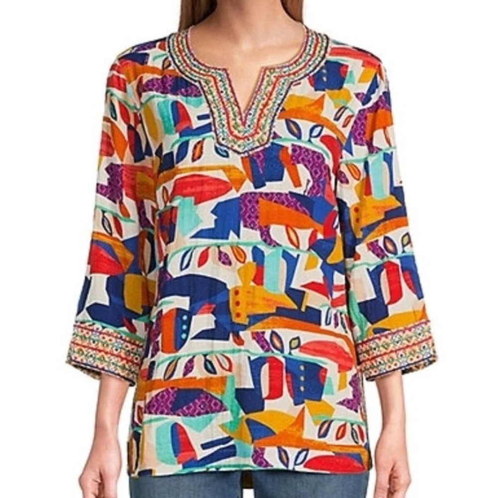 John Mark Geometric Print Tunic PM Embroidered V Neck NWT